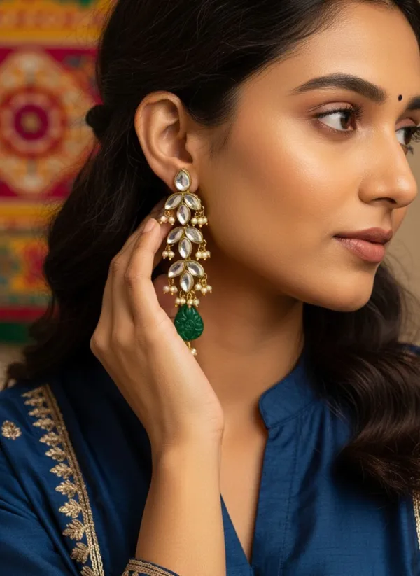 Stuning_Kundan_Long_Earring_With_Antique_Green_Beads