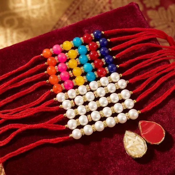 Dhivara_Pearl_Rakhi_Combo_/_Pack_Of_10_Rakhi_With_Roli_Chawal
