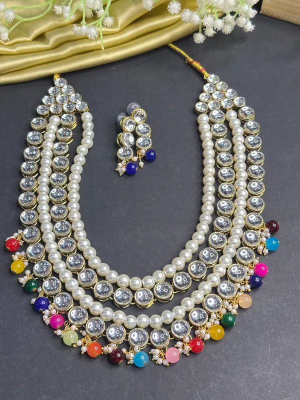 Multicolour_Copper_Plated_Classic_Four_Line_Pearl_And_Kundan_Necklace_Set_For_Women
