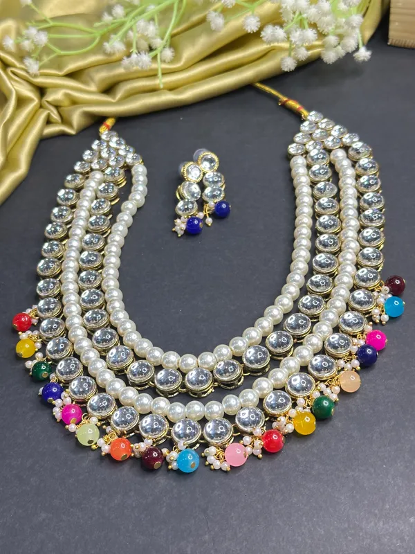 Multicolour_Copper_Plated_Classic_Four_Line_Pearl_And_Kundan_Necklace_Set_For_Women