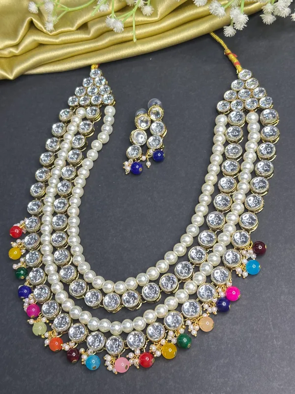 Multicolour_Copper_Plated_Classic_Four_Line_Pearl_And_Kundan_Necklace_Set_For_Women