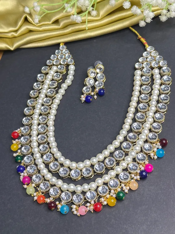 Multicolour_Copper_Plated_Classic_Four_Line_Pearl_And_Kundan_Necklace_Set_For_Women
