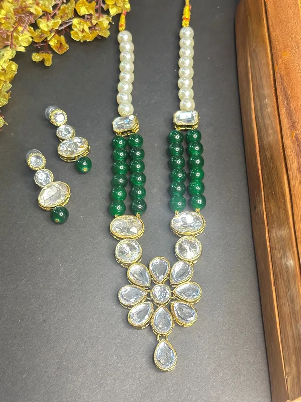 Rhodium_Plated_Beautiful_Double_Line_Pearl_And_Kundan_Necklace_Set_For_Women