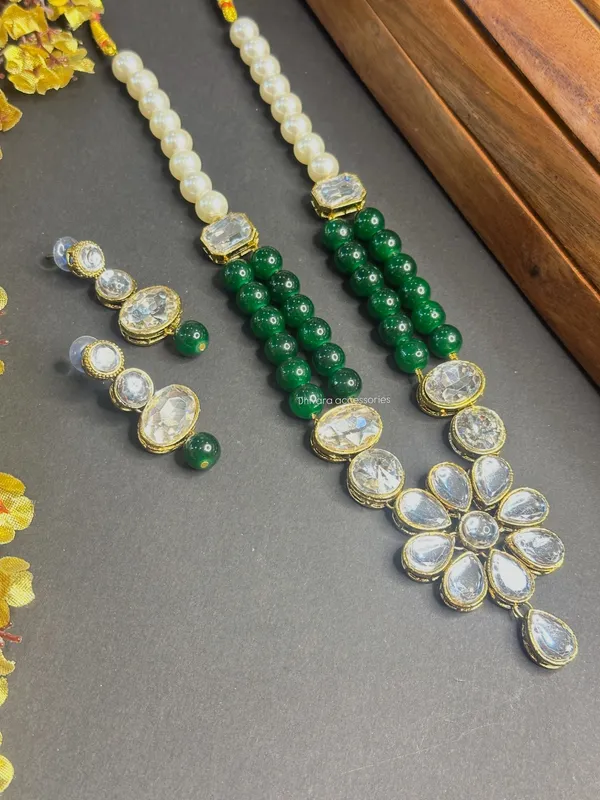 Rhodium_Plated_Beautiful_Double_Line_Pearl_And_Kundan_Necklace_Set_For_Women