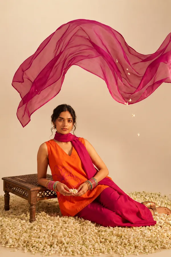 Orange_And_Magenta_Embroidered_Kurta_Set_For_Women