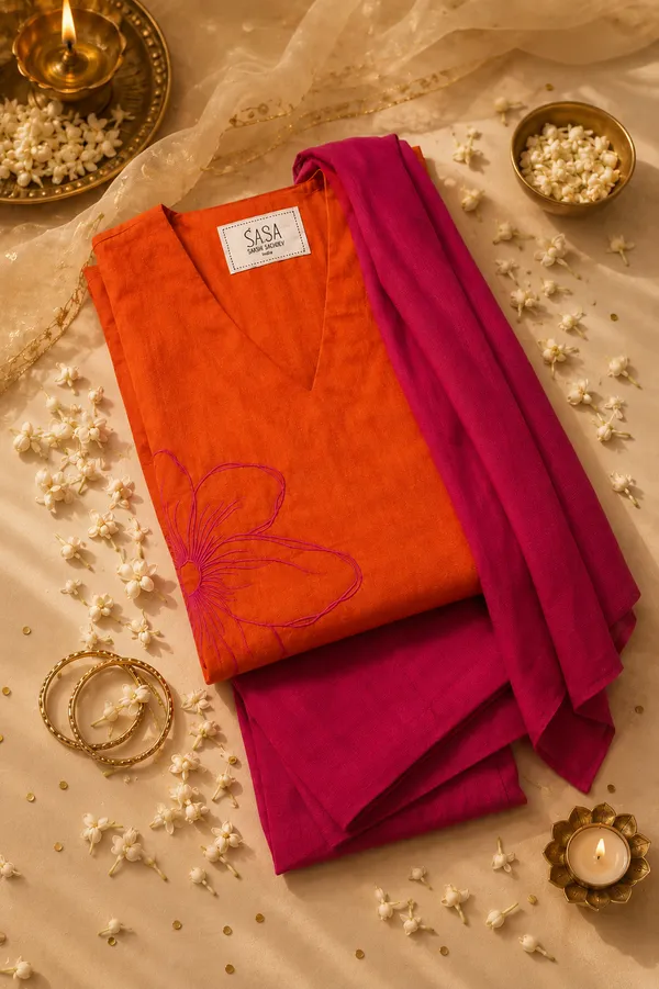 Orange_And_Magenta_Embroidered_Kurta_Set_For_Women