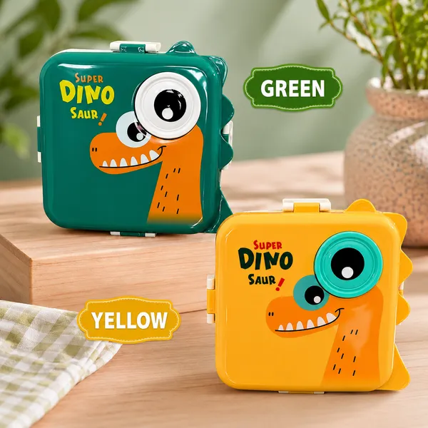 Bento_Lunch_Box_with_Stainless_Steel_Compartments,_Leakproof_Dinosaur_Design_comes_with_1_Detachable_Tray,_1_Small_Container_,_1_Spoon_&_Sauce_Container_Ideal_for_Kids_BPA_Free_1120ml+70ml-_Green