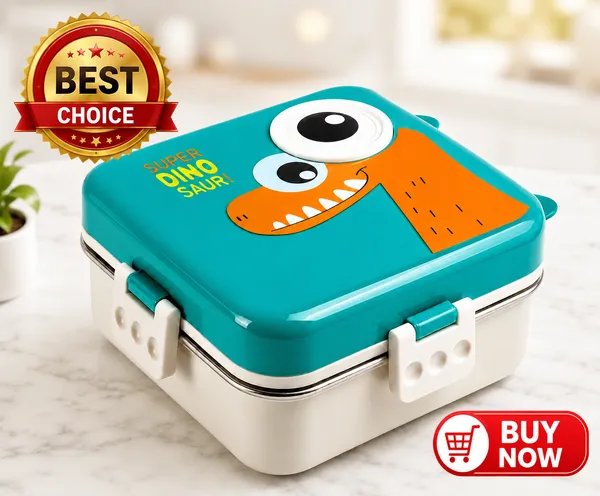 Bento_Lunch_Box_with_Stainless_Steel_Compartments,_Leakproof_Dinosaur_Design_comes_with_1_Detachable_Tray,_1_Small_Container_,_1_Spoon_&_Sauce_Container_Ideal_for_Kids_BPA_Free_1120ml+70ml-_Green