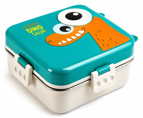 Bento_Lunch_Box_with_Stainless_Steel_Compartments,_Leakproof_Dinosaur_Design_comes_with_1_Detachable_Tray,_1_Small_Container_,_1_Spoon_&_Sauce_Container_Ideal_for_Kids_BPA_Free_1120ml+70ml-_Green