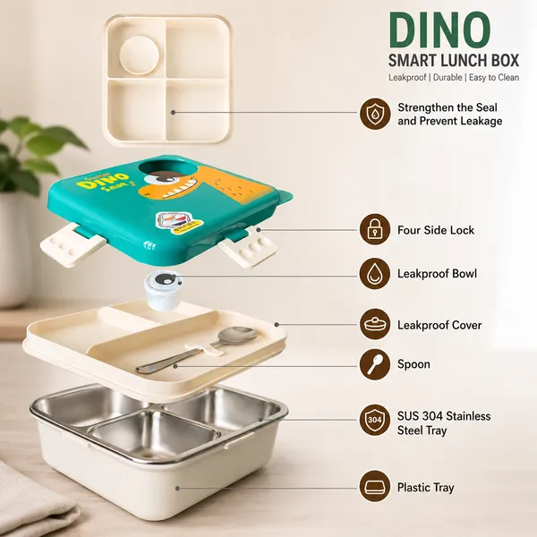 Bento_Lunch_Box_with_Stainless_Steel_Compartments,_Leakproof_Dinosaur_Design_comes_with_1_Detachable_Tray,_1_Small_Container_,_1_Spoon_&_Sauce_Container_Ideal_for_Kids_BPA_Free_1120ml+70ml-_Green
