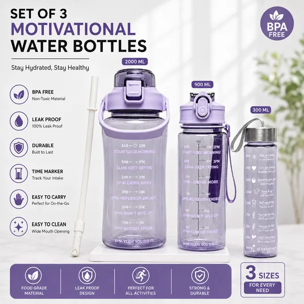 Motivational_Water_Bottle_Set_of_3,_BPA_Free,_Multicolor_Assorted_Color_(Any_Color_May_Be_Sent)_|_Pack_of_1_(Set_of_3-2000ML,_900ML,_300ML)