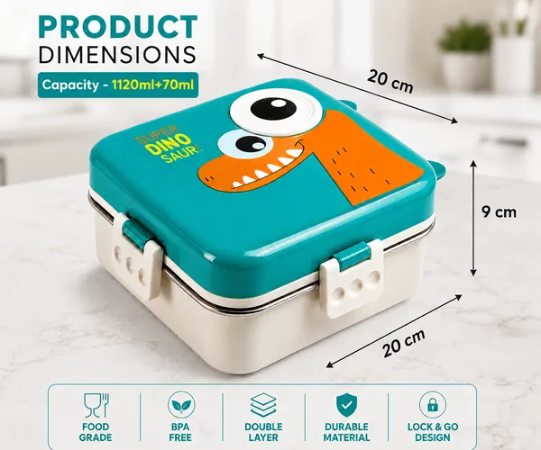 Bento_Lunch_Box_with_Stainless_Steel_Compartments,_Leakproof_Dinosaur_Design_comes_with_1_Detachable_Tray,_1_Small_Container_,_1_Spoon_&_Sauce_Container_Ideal_for_Kids_BPA_Free_1120ml+70ml-_Green