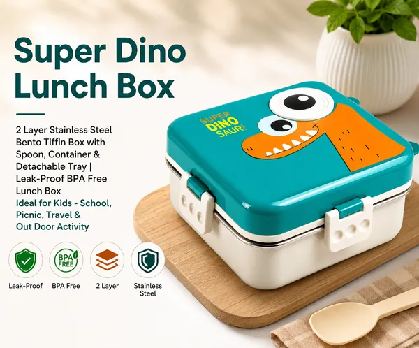 Bento_Lunch_Box_with_Stainless_Steel_Compartments,_Leakproof_Dinosaur_Design_comes_with_1_Detachable_Tray,_1_Small_Container_,_1_Spoon_&_Sauce_Container_Ideal_for_Kids_BPA_Free_1120ml+70ml-_Green