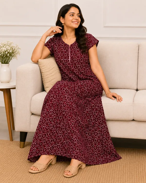 Women's_Maroon_Bandhani_Printed_Cotton_Nighty_-_Round_Neck_Lounge_Wear