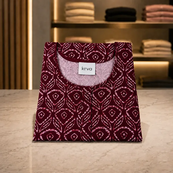 Women's_Maroon_Bandhani_Printed_Cotton_Nighty_-_Round_Neck_Lounge_Wear
