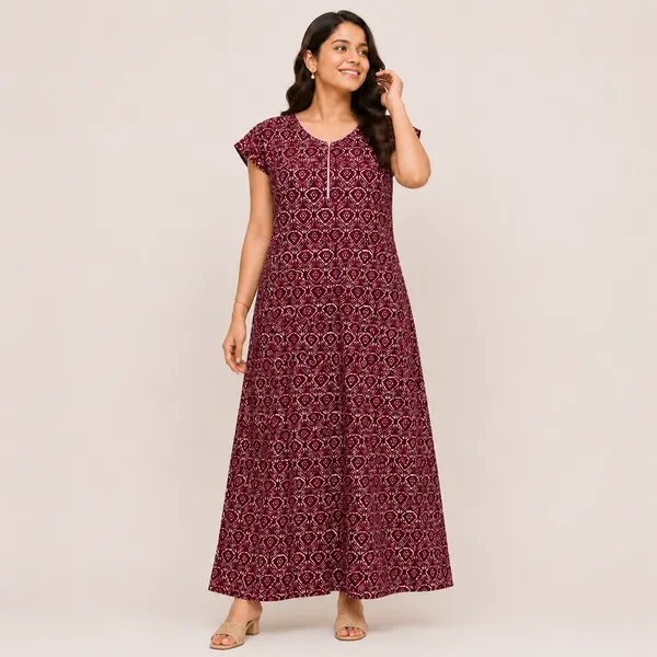 Women's_Maroon_Bandhani_Printed_Cotton_Nighty_-_Round_Neck_Lounge_Wear