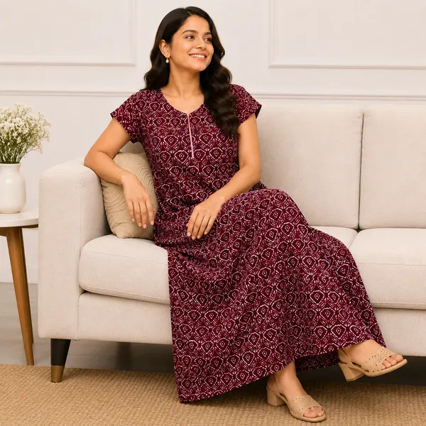 Women's_Maroon_Bandhani_Printed_Cotton_Nighty_-_Round_Neck_Lounge_Wear