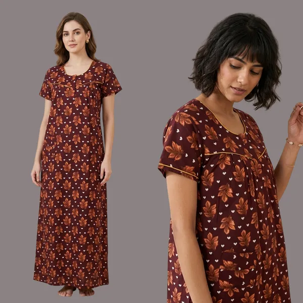 Brown_Cotton_Casual_Floral_Print_Nighty_For_Women