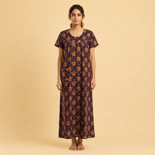 Brown_Cotton_Floral_Print_Nighty_For_Women