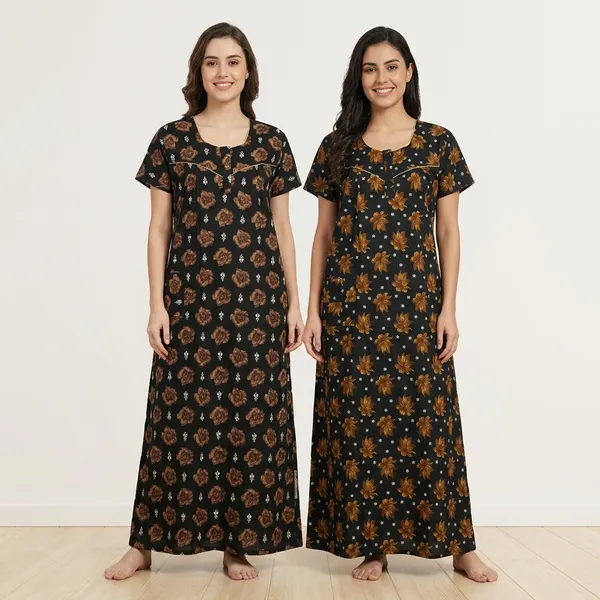 Dark_Green_Cotton_Floral_Nighty_Duo_For_Women