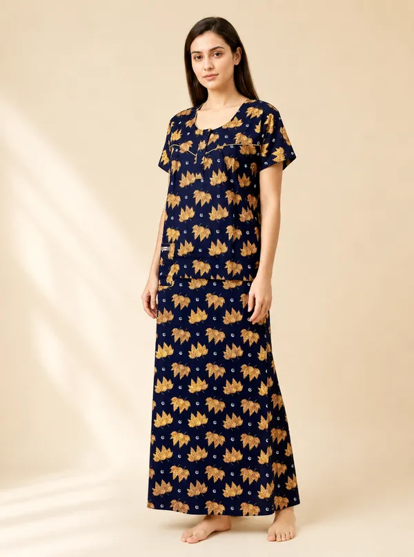 Navy_Blue_Cotton_Golden_Leaf_Print_Nighty_For_Women