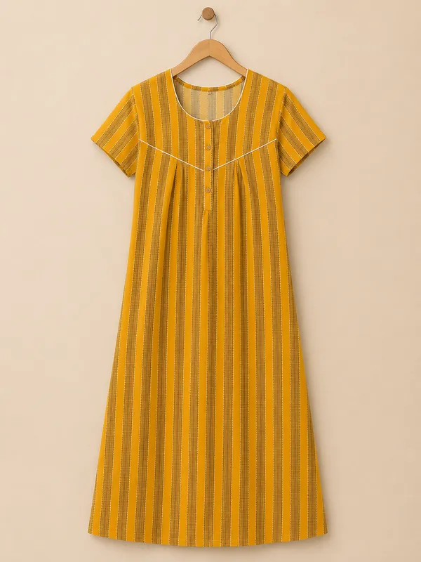 Yellow_Cotton_Striped_Nighty_For_Women