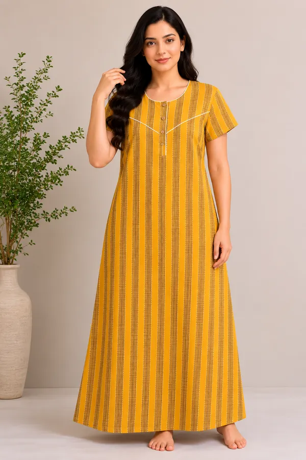 Yellow_Cotton_Striped_Nighty_For_Women