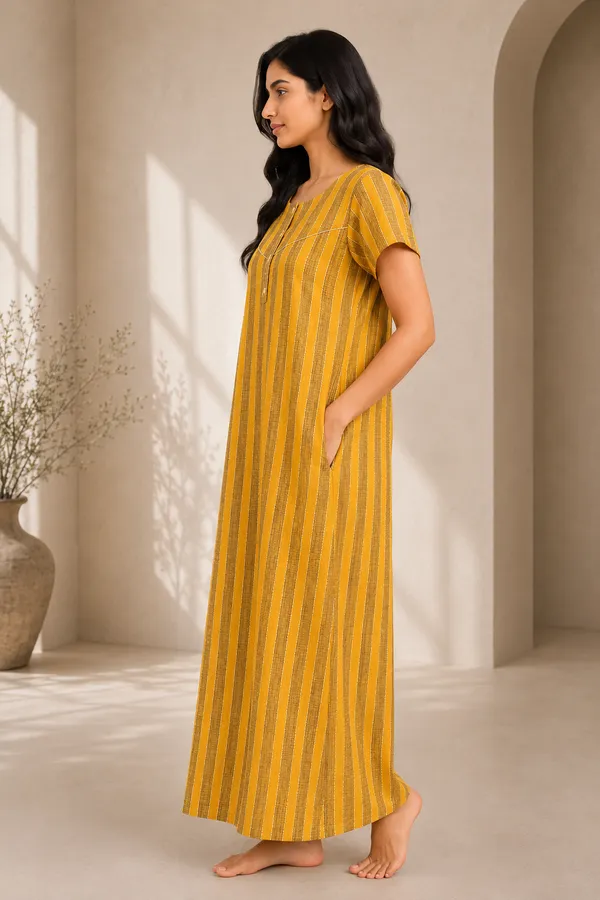 Yellow_Cotton_Striped_Nighty_For_Women
