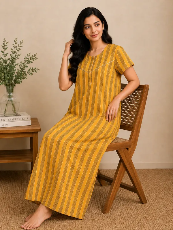 Yellow_Cotton_Striped_Nighty_For_Women