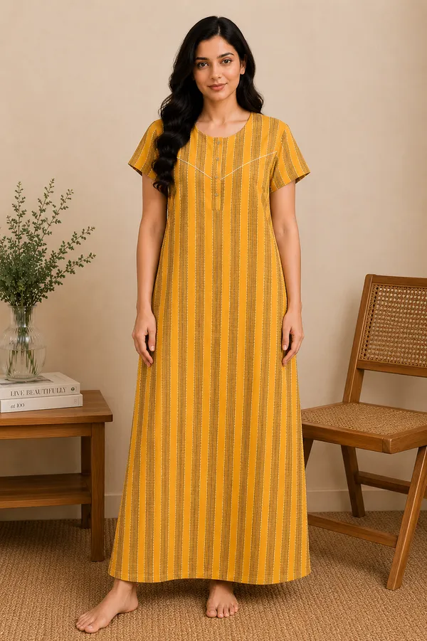 Yellow_Cotton_Striped_Nighty_For_Women