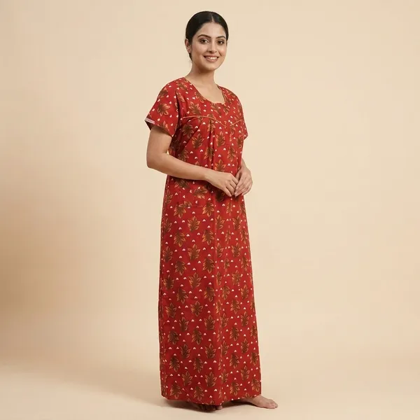 Red_Cotton_Floral_Print_Nighty_For_Women