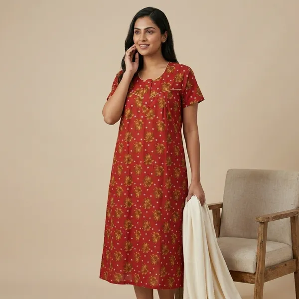 Red_Cotton_Blend_Floral_Print_Nighty_For_Women