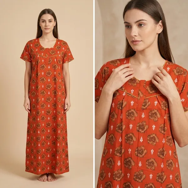 Orange_Cotton_Floral_Print_Nighty_For_Women
