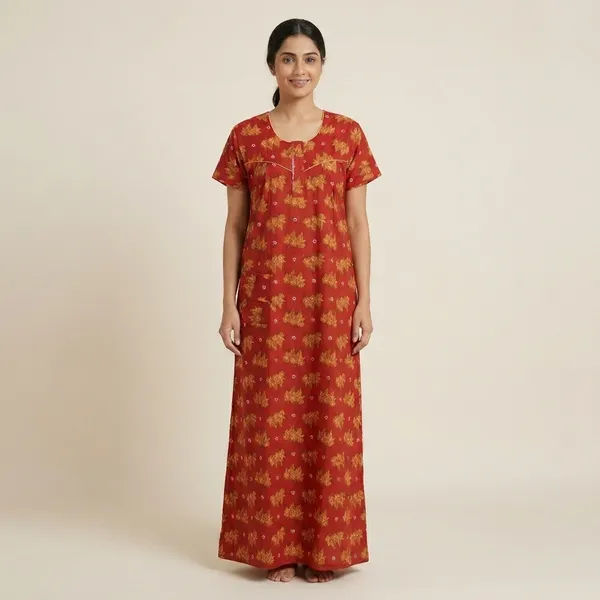 Red_Cotton_Floral_Print_Nighty_For_Women