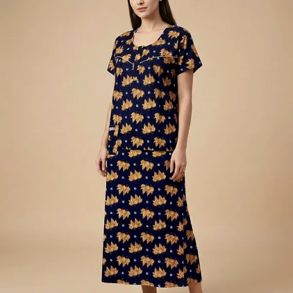 Navy_Blue_Cotton_Golden_Leaf_Print_Nighty_For_Women