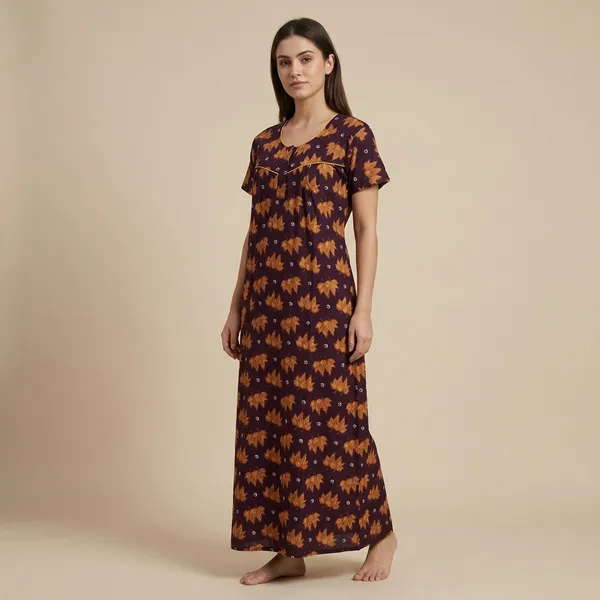 Maroon_Cotton_Golden_Floral_Motif_Print_Nighty_For_Women