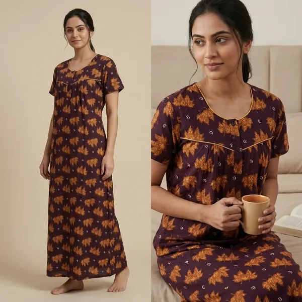 Maroon_Cotton_Golden_Floral_Motif_Print_Nighty_For_Women