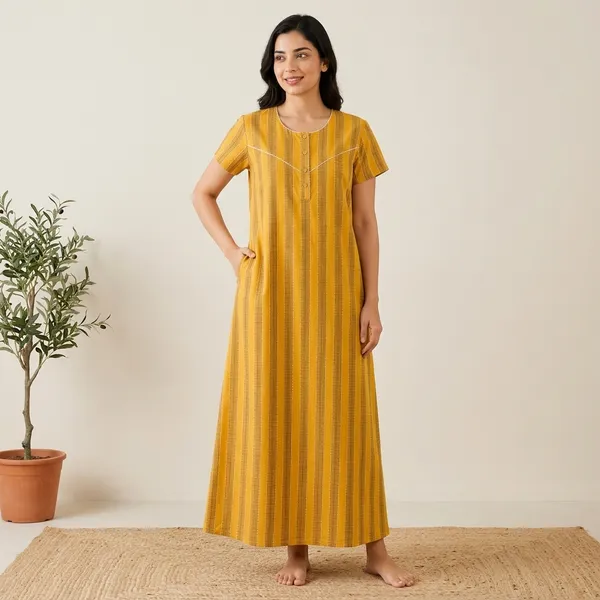 Yellow_Cotton_Striped_Nighty_For_Women