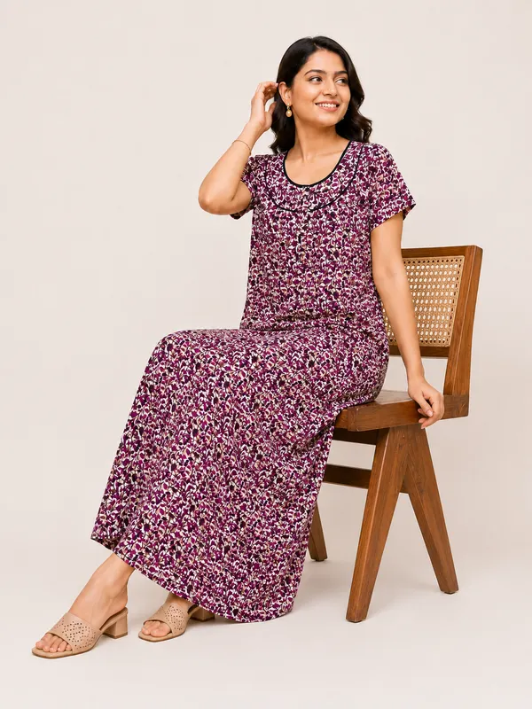 Women's_Purple_Lavender_Leaf_Printed_Cotton_Nighty_-_Elegant_Round_Neck_Nightdress_with_Black_Piping