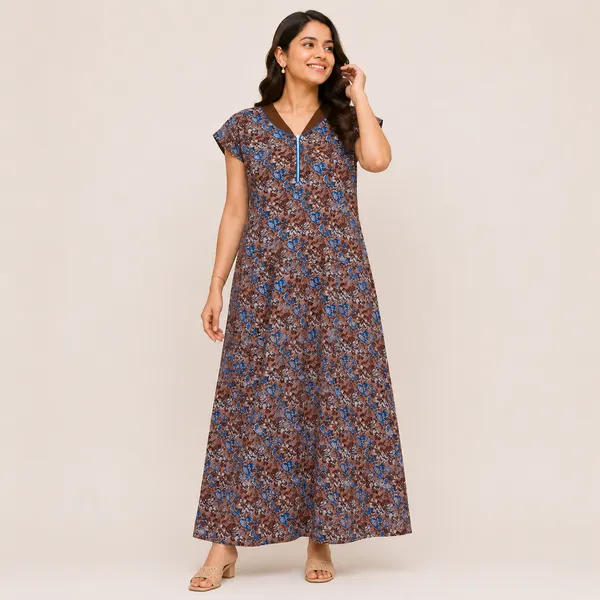 Earthy_Brown_Women's_Cotton_Front_Zipper_Nighty_-_Stylish_Collar_Neck_Floral_Printed_Lounge_Wear_Gown