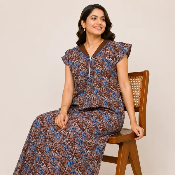 Earthy_Brown_Women's_Cotton_Front_Zipper_Nighty_-_Stylish_Collar_Neck_Floral_Printed_Lounge_Wear_Gown