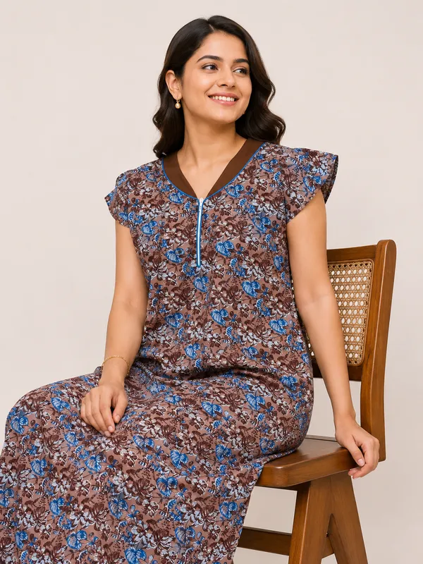 Earthy_Brown_Women's_Cotton_Front_Zipper_Nighty_-_Stylish_Collar_Neck_Floral_Printed_Lounge_Wear_Gown