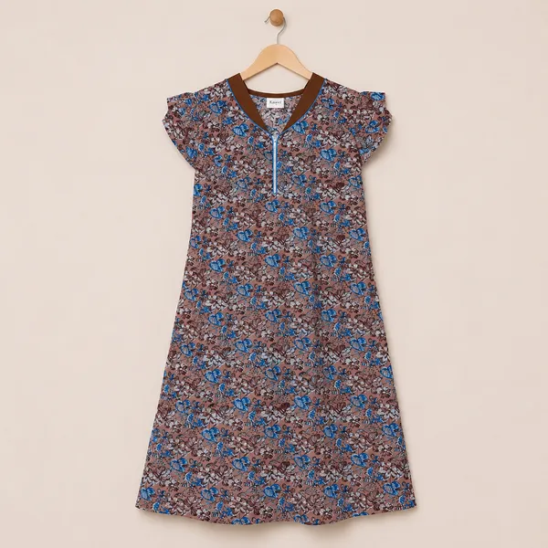 Earthy_Brown_Women's_Cotton_Front_Zipper_Nighty_-_Stylish_Collar_Neck_Floral_Printed_Lounge_Wear_Gown
