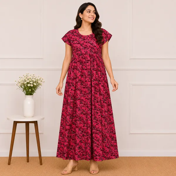 krva_Women's_Red_Abstract_Leaf_Printed_Cotton_Nighty_-_Cozy_Round_Neck_Nightdress