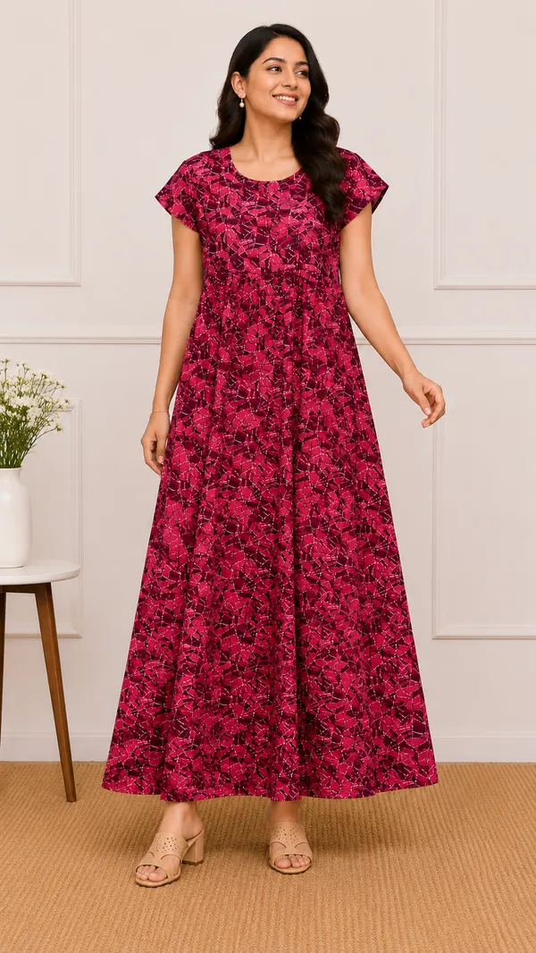 krva_Women's_Red_Abstract_Leaf_Printed_Cotton_Nighty_-_Cozy_Round_Neck_Nightdress