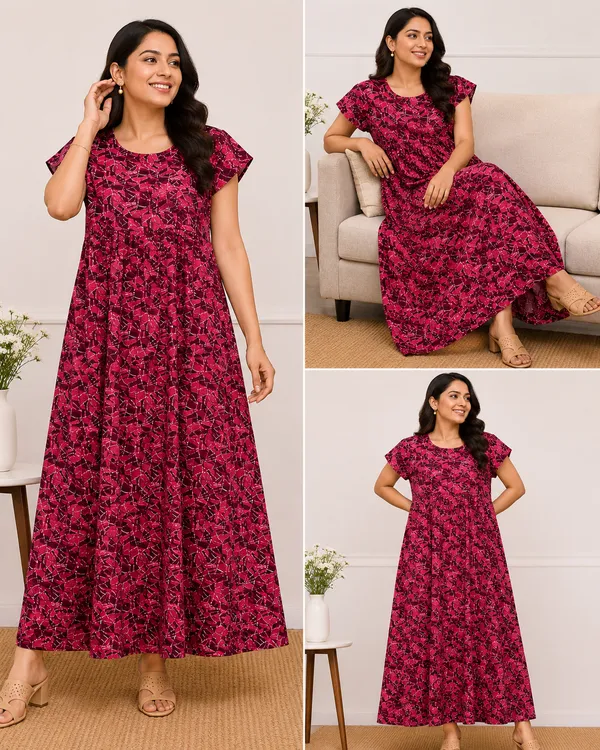 krva_Women's_Red_Abstract_Leaf_Printed_Cotton_Nighty_-_Cozy_Round_Neck_Nightdress