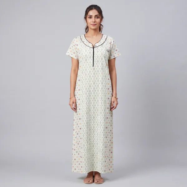 Women's_Off-White_Cotton_Front_Zipper_Nighty_-_Geometric_Ikat_Printed_Collar_Neck_Nightdress