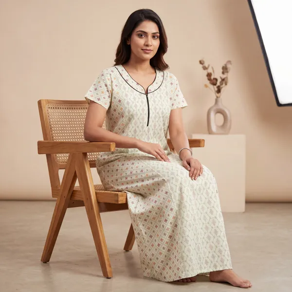 Women's_Off-White_Cotton_Front_Zipper_Nighty_-_Geometric_Ikat_Printed_Collar_Neck_Nightdress