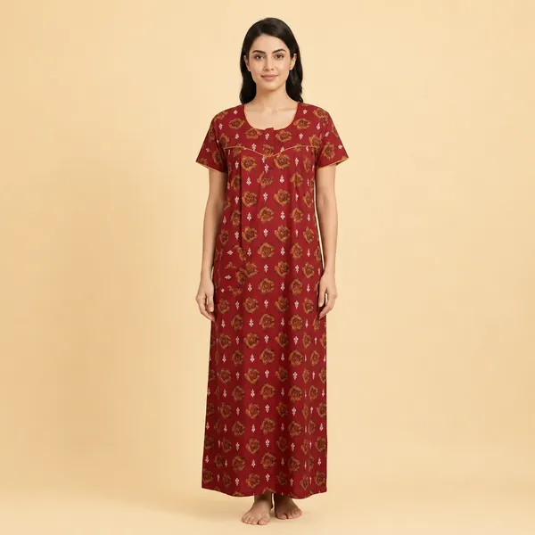 Red_Cotton_Blend_Floral_Print_Nighty_For_Women
