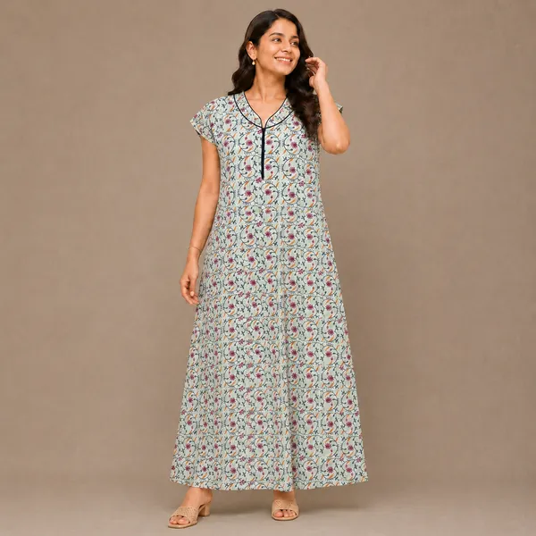 Women's_Off-White_Floral_Kalamkari_Print_Cotton_Nighty_-_Elegant_V-Neck_Nightdress_with_Piping